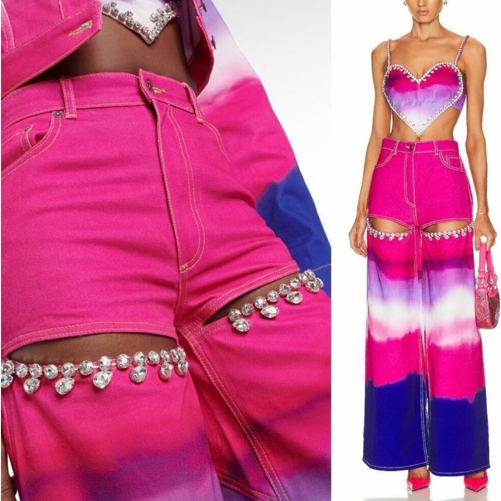 AREA Crystal Pink Jean Purple Embellished Ombre Slit High Rise Wide Leg‎ 26 NWT - Picture 2 of 3